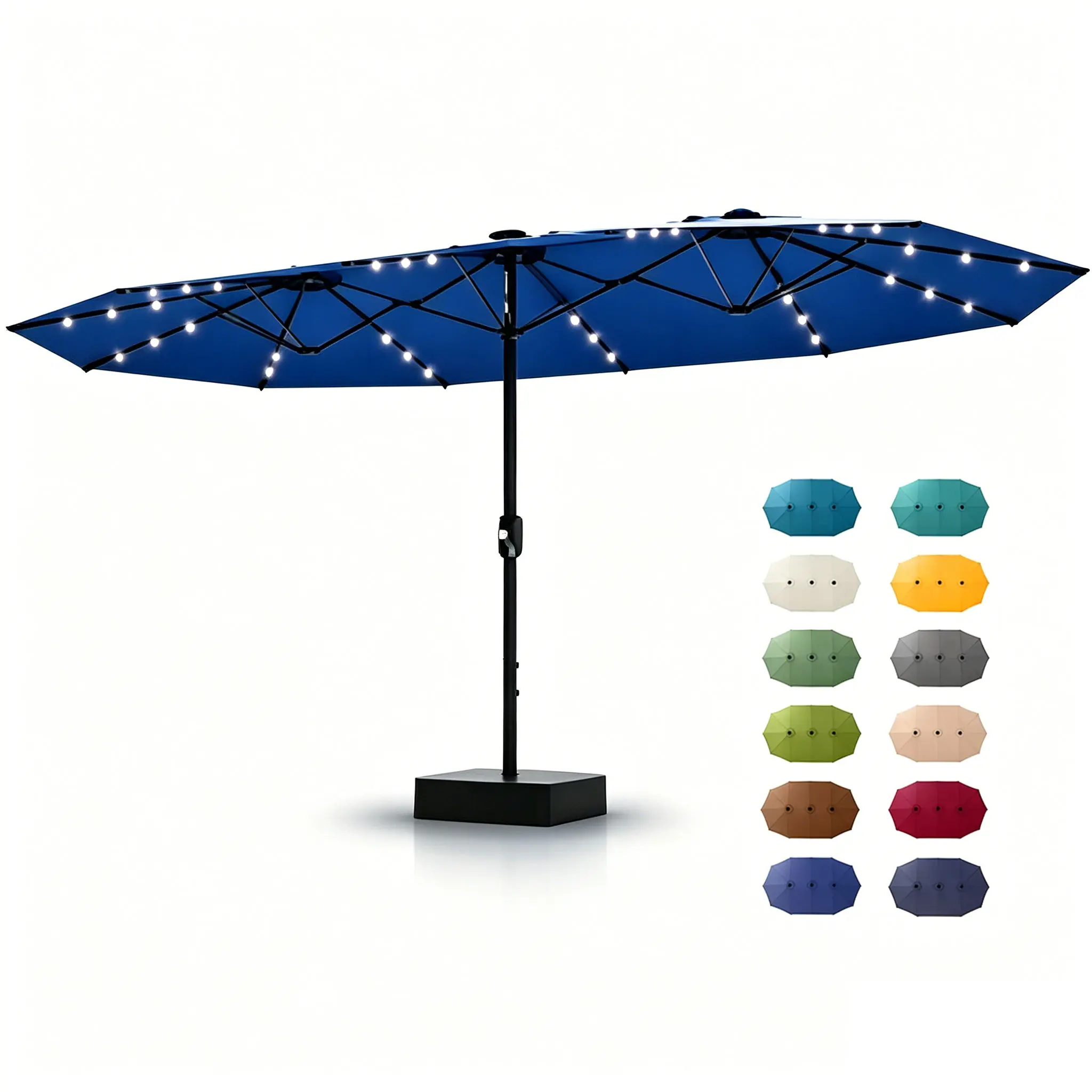 Sombrilla grande para patio al aire libre Garvee de 15ft con base – Opción de luz LED, doble cara, manivela, resistente al agua, incluye base con peso y bolsa de arena, con capacidad para 10 personas, ideal para el borde de la piscina, el jardín, el céspe