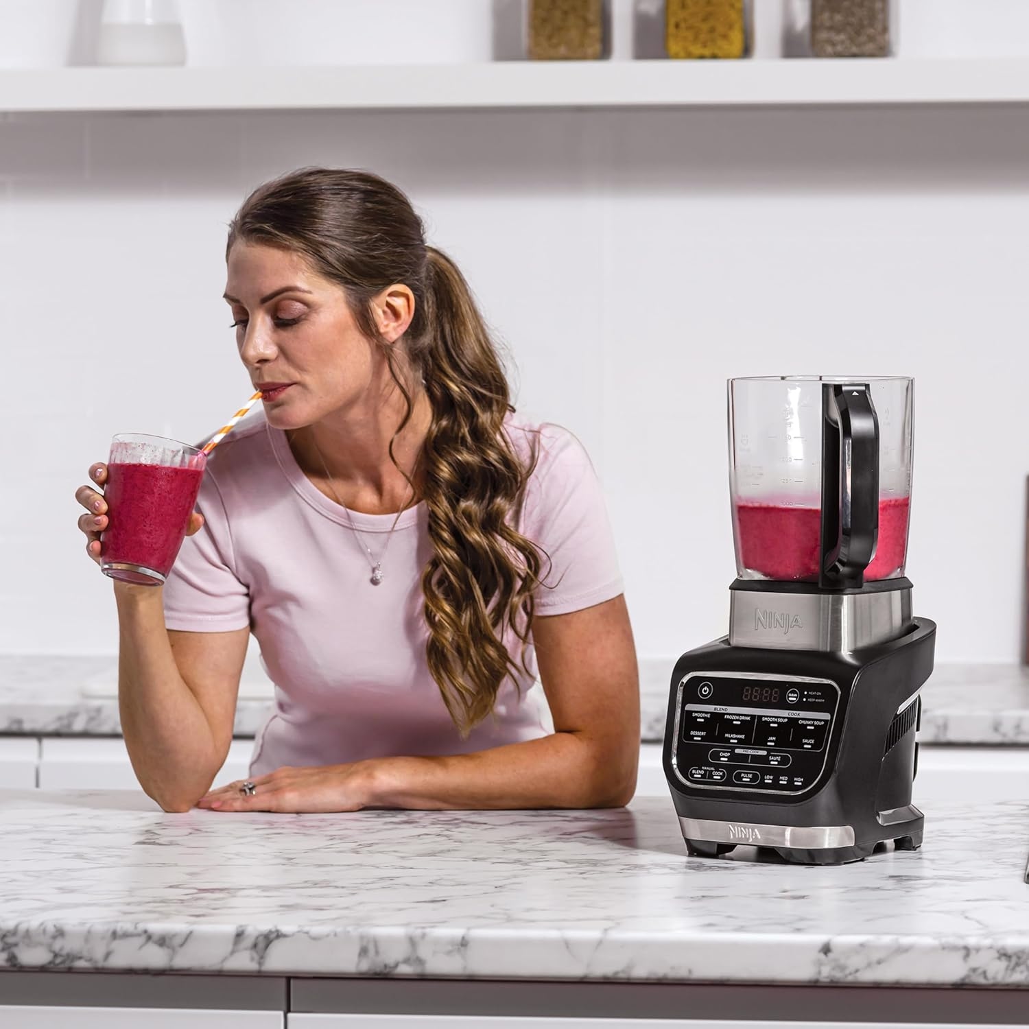 Batidora de Vaso de Cristal y Sopera Eléctrica 1000W, Batidora Caliente y Fría para Sopas, Cremas, Smoothies y Bebidas, Jarra de Cristal para Cocina, Ideal para Comidas Caseras