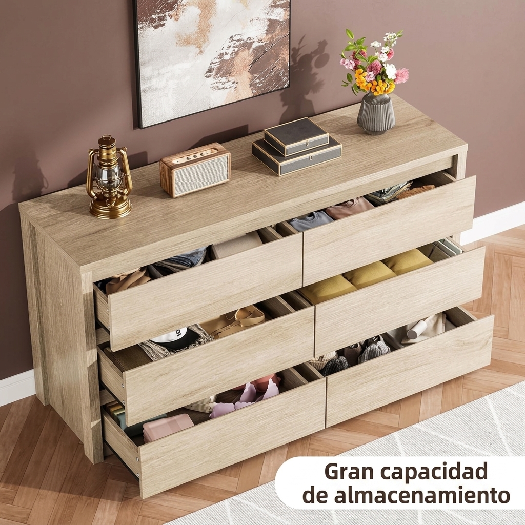 Cómoda de 6 cajones para dormitorio, cómoda ancha de madera sin tiradores, armario de almacenamiento moderno para sala de estar, pasillo o recibidor.