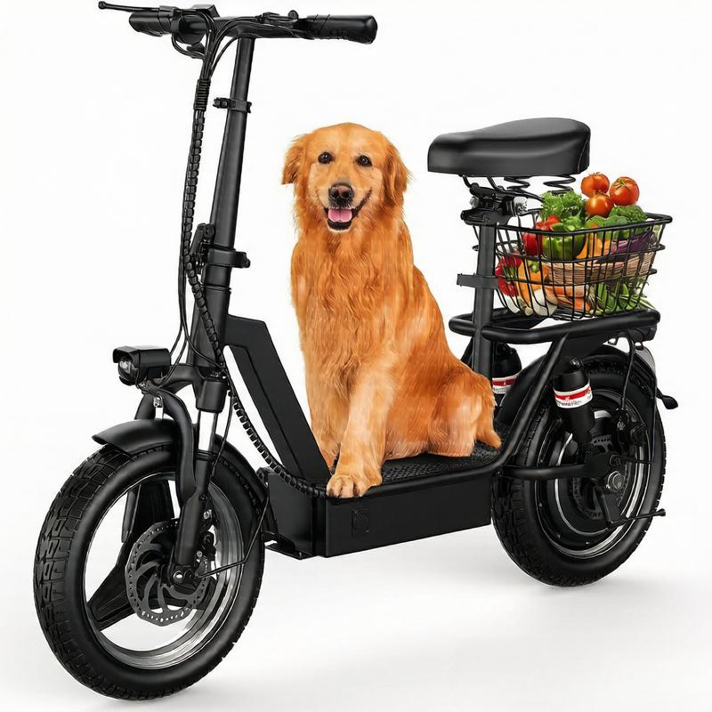 Patinete Eléctrico con Asiento para Adultos, Motor de hasta 1000W, Batería 48V 15Ah, Velocidad Máxima 40 km/h, Autonomía de hasta 56 km, Plegable y Portátil, con Cesta Trasera, Ideal para Compras, Recados, Paseos y Transporte Diario