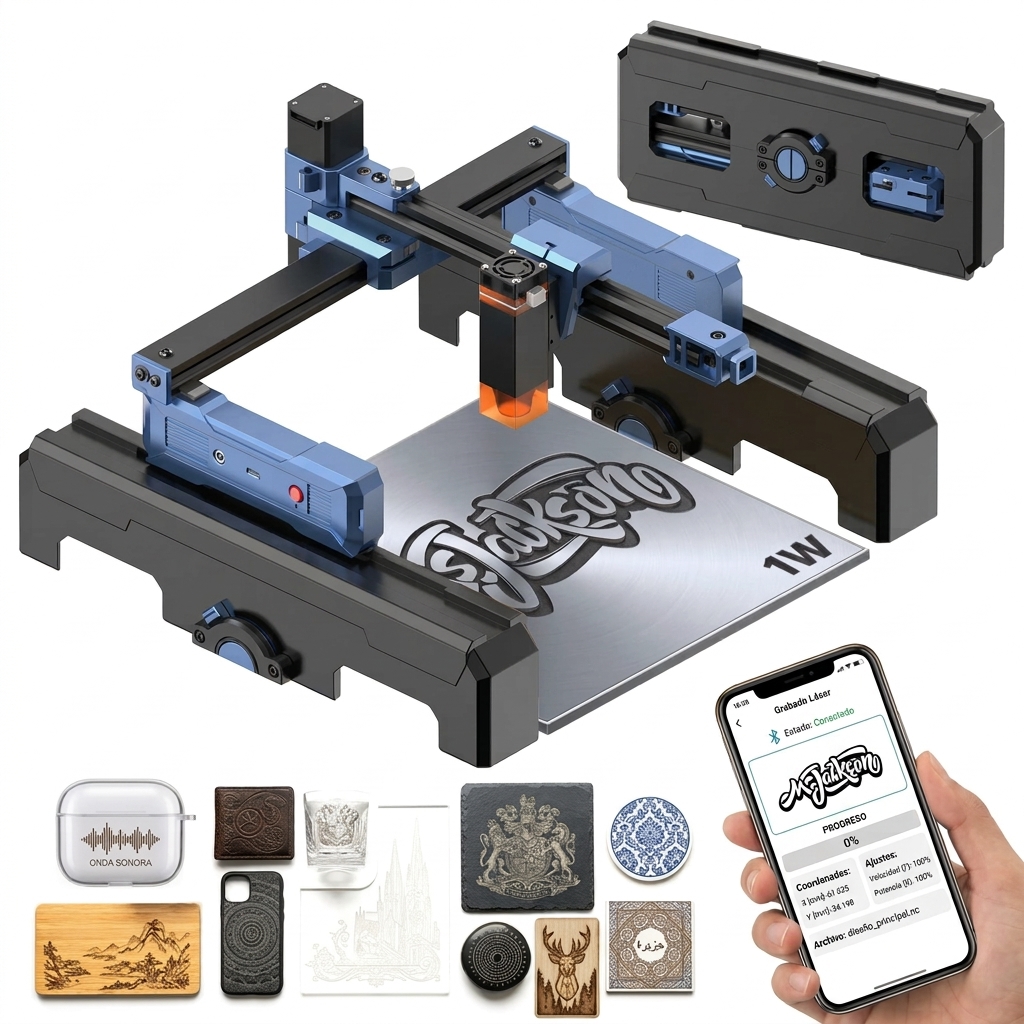 Máquina de grabado láser portátil con Wi-Fi, cuerpo plegable preensamblado, control mediante aplicación, precisión de grabado de 0,01 mm, velocidad de grabado de 10000 mm/min, apta para diversos materiales como madera, cuero, metal y acrílico; una potente