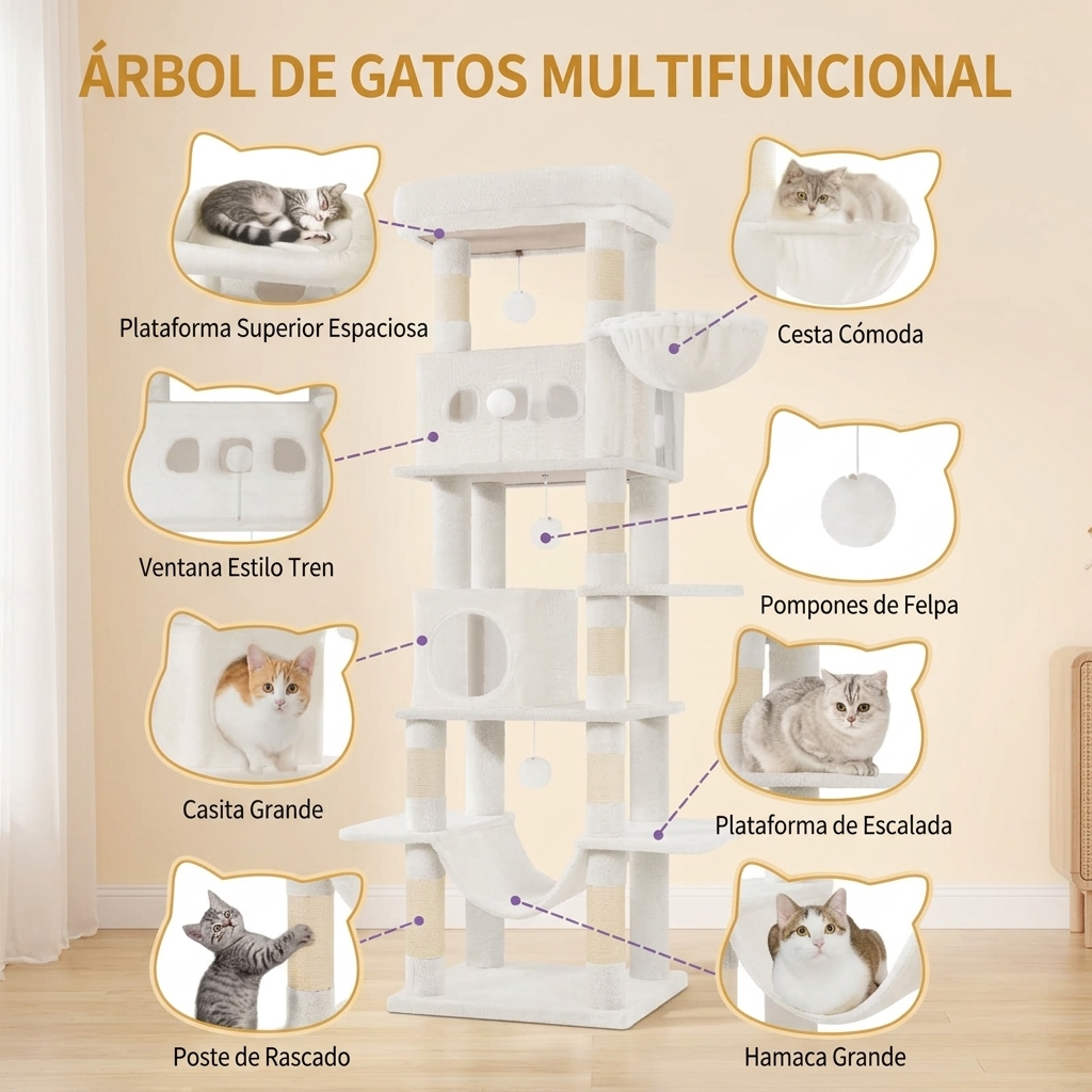 Un rascador de 170 cm de diámetro, ideal para gatos Maine Coon y otros felinos grandes, que incluye un poste rascador de varios niveles, una gran plataforma de descanso, una alfombrilla lavable, una casita con dos camas y ocho postes rascadores.