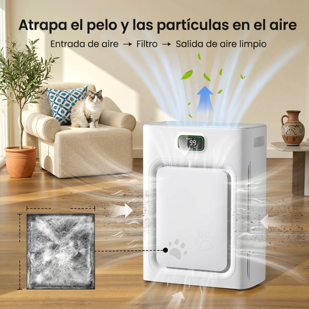 Purificador de Aire para Mascotas con Filtro HEPA H13, Elimina Pelo, Olores y Alérgenos