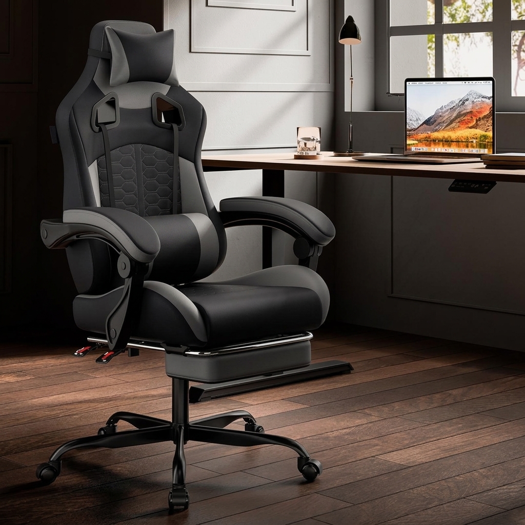 Silla de juegos para uso doméstico, cómoda silla ergonómica para sentarse durante mucho tiempo, equipada con con almohada Lumbar de espuma viscoelástica, silla de oficina giratoria de 360 grados
