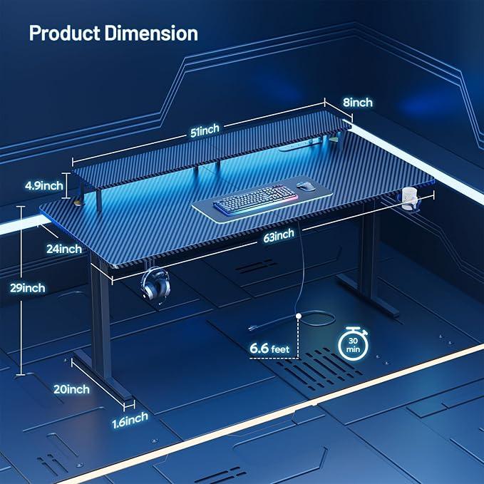 Mesa de juego multifuncional con 5 enchufes y luces LED; escritorio para juegos de ordenador con soporte para monitor; escritorio ergonómico de fibra de carbono para juegos; escritorio para oficina en casa con portavasos, gancho para auriculares y alfombr
