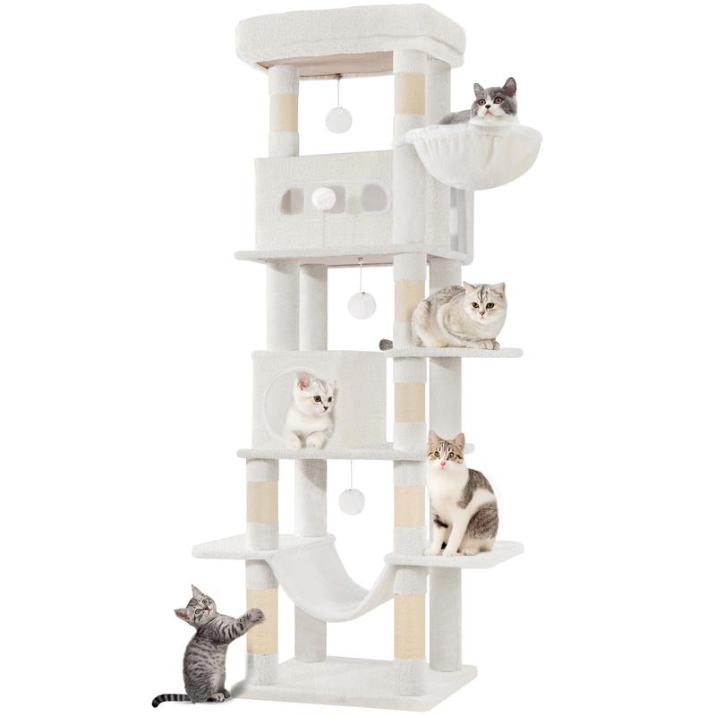 Un rascador de 170 cm de diámetro, ideal para gatos Maine Coon y otros felinos grandes, que incluye un poste rascador de varios niveles, una gran plataforma de descanso, una alfombrilla lavable, una casita con dos camas y ocho postes rascadores.