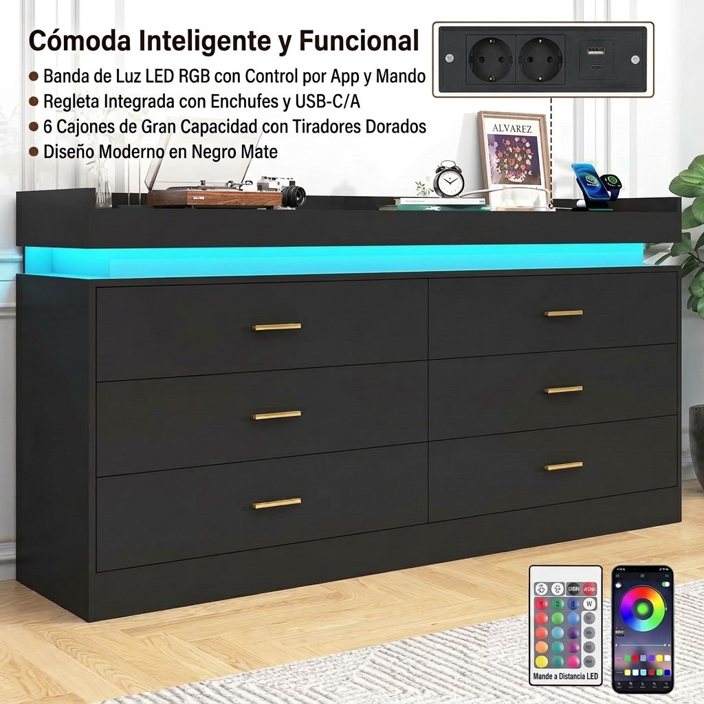 Cómoda con luz LED y estación de carga, cómoda moderna para armario, mueble organizador de cajones anchos para dormitorio, sala de estar, entrada y pasillo.