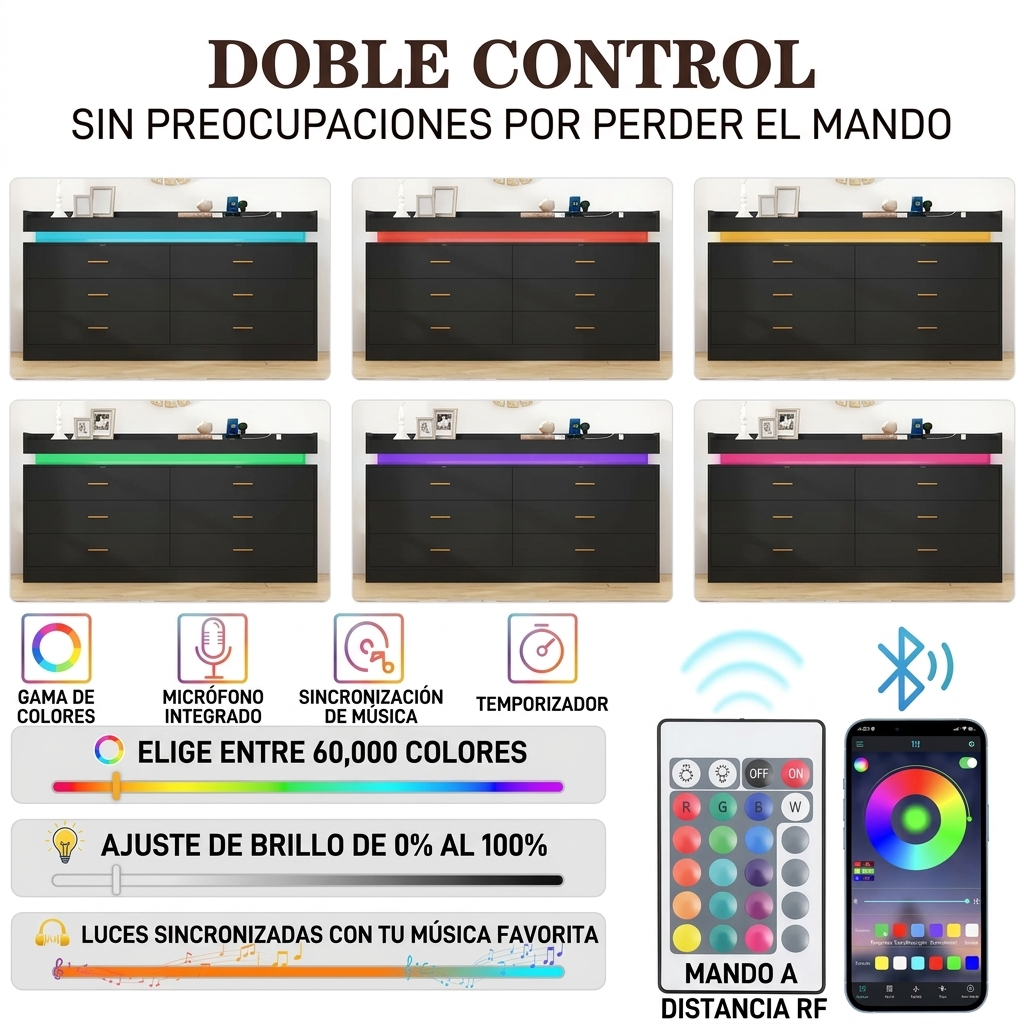 Cómoda con luz LED y estación de carga, cómoda moderna para armario, mueble organizador de cajones anchos para dormitorio, sala de estar, entrada y pasillo.