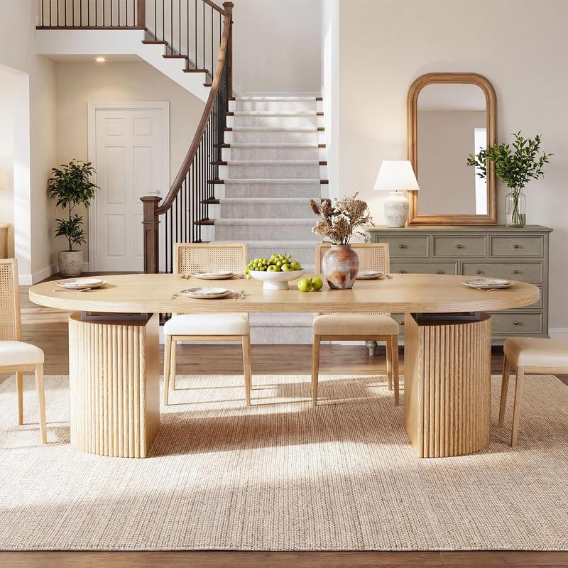 Mesa de Comedor de 180 cm para 6-8 Personas, Diseño Ovalado con Base de Listones de Madera, Mesa Moderna para Cocina, Salón o Comedor