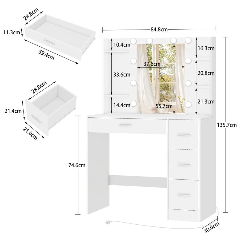 Moderno Tocadores De Maquillaje con espejo y luz,  con enchufe, mesa de tocador 4 cajones, 4 baldas abiertas, 5 ganchos para joyas, para dormitorio, blanco