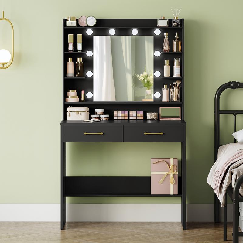 Mesa de maquillaje con espejo, con superficies de almacenaje y 2 cajones, para dormitorio y sala de estar, brillo ajustable