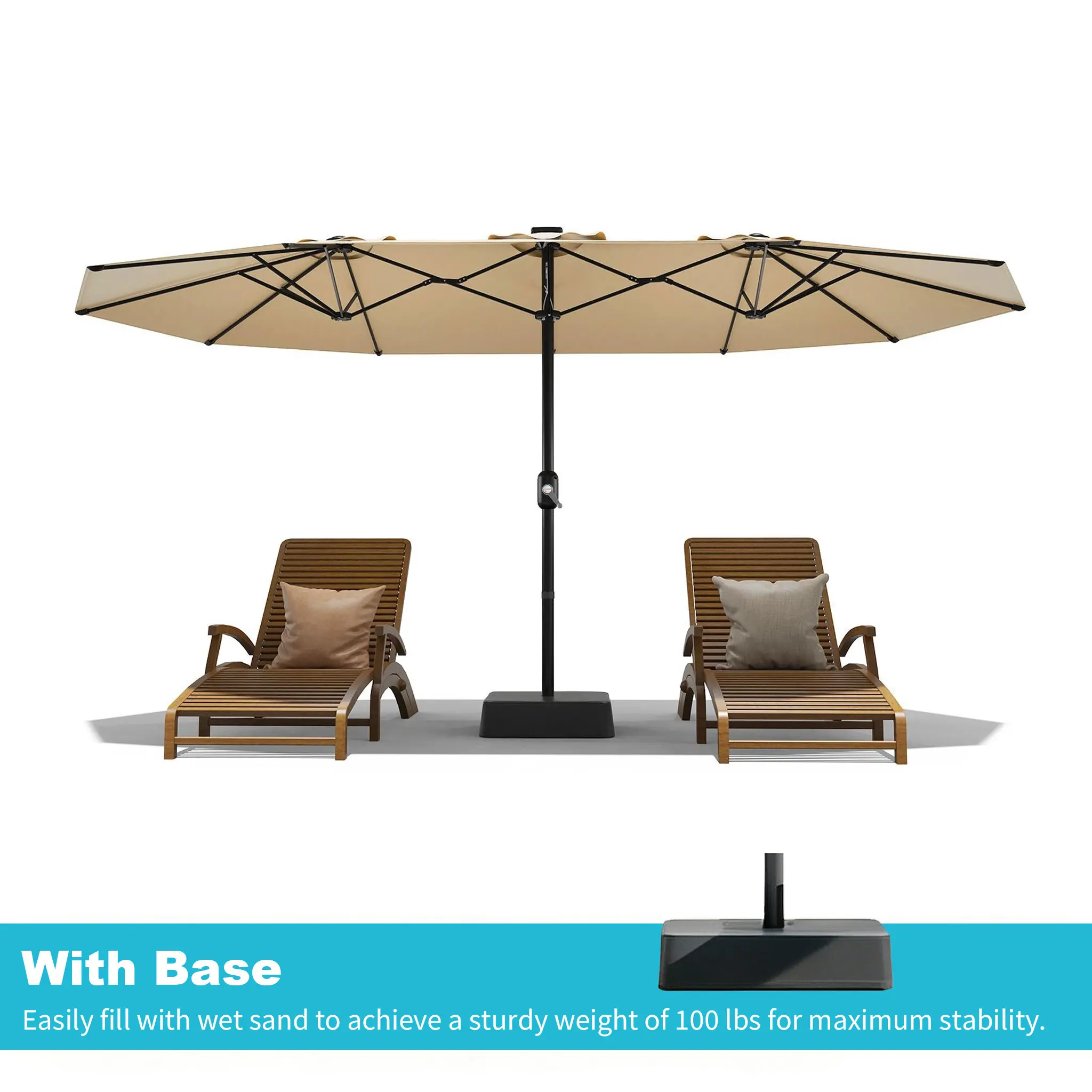 Sombrilla grande para patio al aire libre Garvee de 15ft con base – Opción de luz LED, doble cara, manivela, resistente al agua, incluye base con peso y bolsa de arena, con capacidad para 10 personas, ideal para el borde de la piscina, el jardín, el céspe