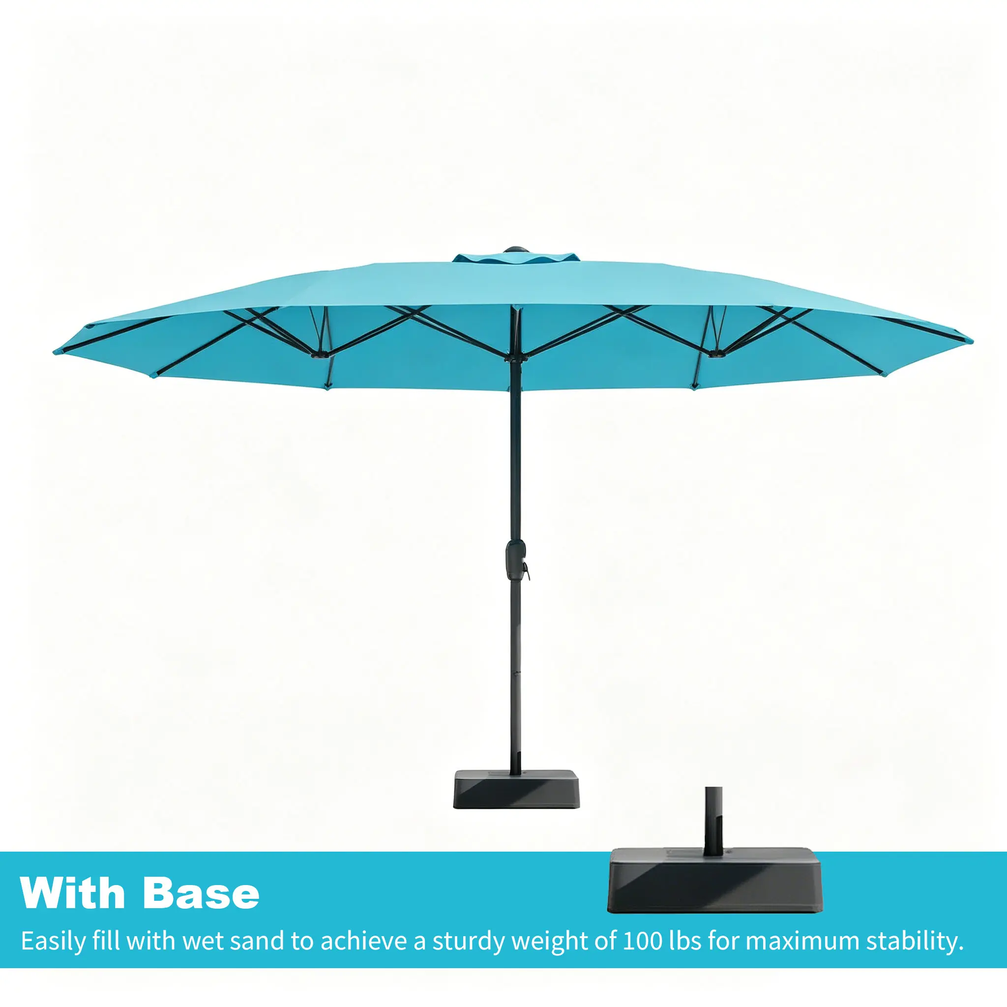 Sombrilla grande para patio al aire libre Garvee de 15ft con base – Opción de luz LED, doble cara, manivela, resistente al agua, incluye base con peso y bolsa de arena, con capacidad para 10 personas, ideal para el borde de la piscina, el jardín, el céspe