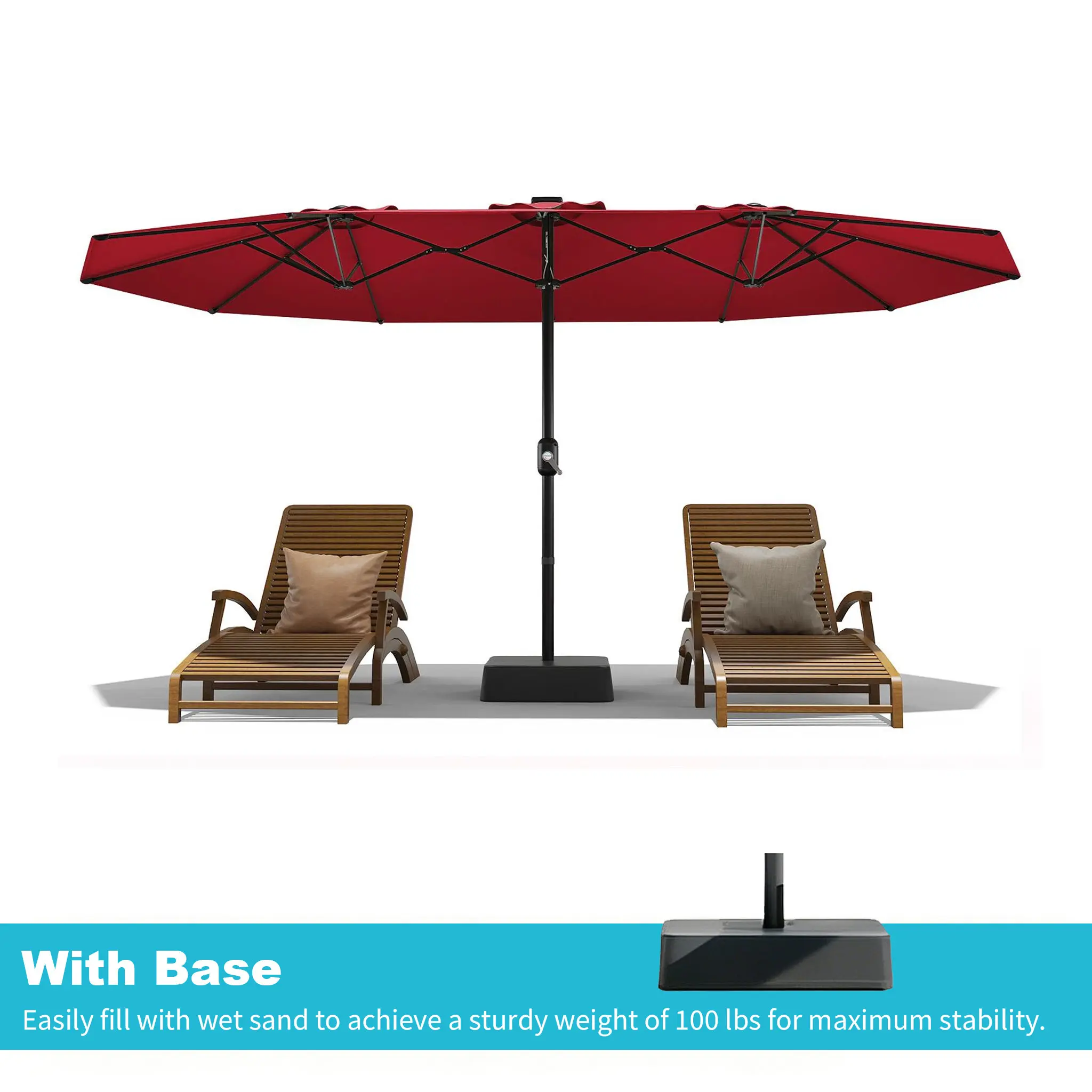 Sombrilla grande para patio al aire libre Garvee de 15ft con base – Opción de luz LED, doble cara, manivela, resistente al agua, incluye base con peso y bolsa de arena, con capacidad para 10 personas, ideal para el borde de la piscina, el jardín, el céspe