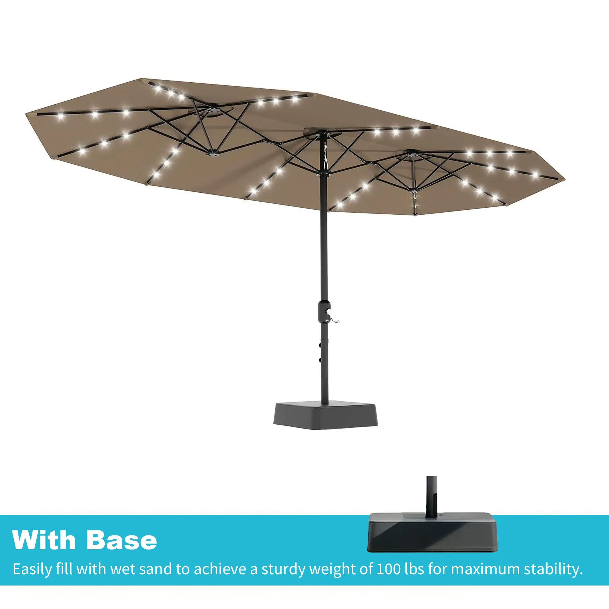Sombrilla grande para patio al aire libre Garvee de 15ft con base – Opción de luz LED, doble cara, manivela, resistente al agua, incluye base con peso y bolsa de arena, con capacidad para 10 personas, ideal para el borde de la piscina, el jardín, el céspe