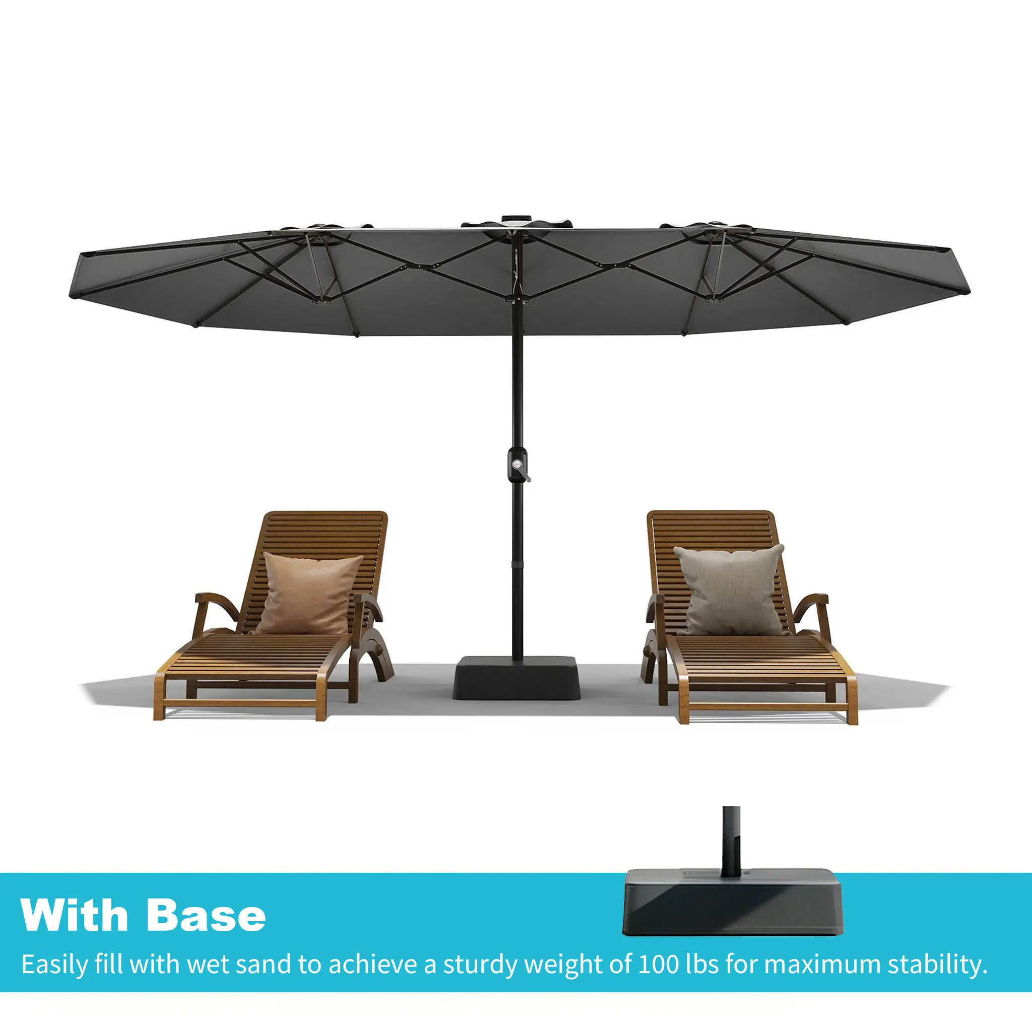 Sombrilla grande para patio al aire libre Garvee de 15ft con base – Opción de luz LED, doble cara, manivela, resistente al agua, incluye base con peso y bolsa de arena, con capacidad para 10 personas, ideal para el borde de la piscina, el jardín, el céspe