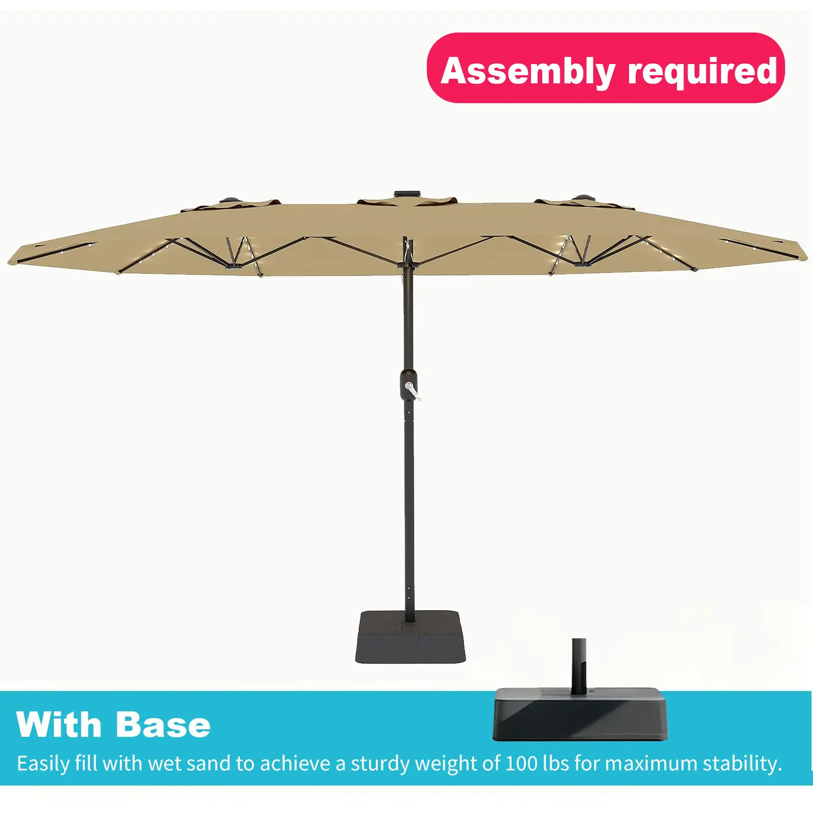Sombrilla grande para patio al aire libre Garvee de 15ft con base – Opción de luz LED, doble cara, manivela, resistente al agua, incluye base con peso y bolsa de arena, con capacidad para 10 personas, ideal para el borde de la piscina, el jardín, el céspe