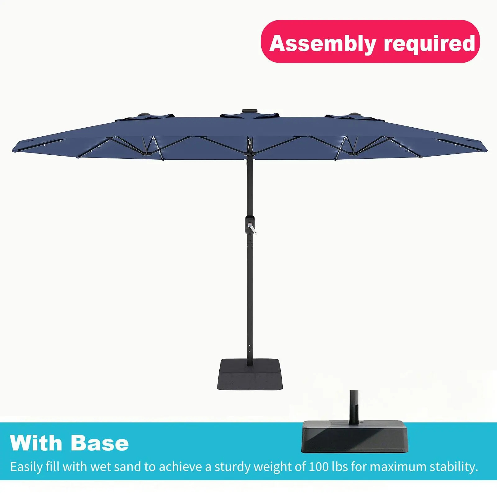 Sombrilla grande para patio al aire libre Garvee de 15ft con base – Opción de luz LED, doble cara, manivela, resistente al agua, incluye base con peso y bolsa de arena, con capacidad para 10 personas, ideal para el borde de la piscina, el jardín, el céspe