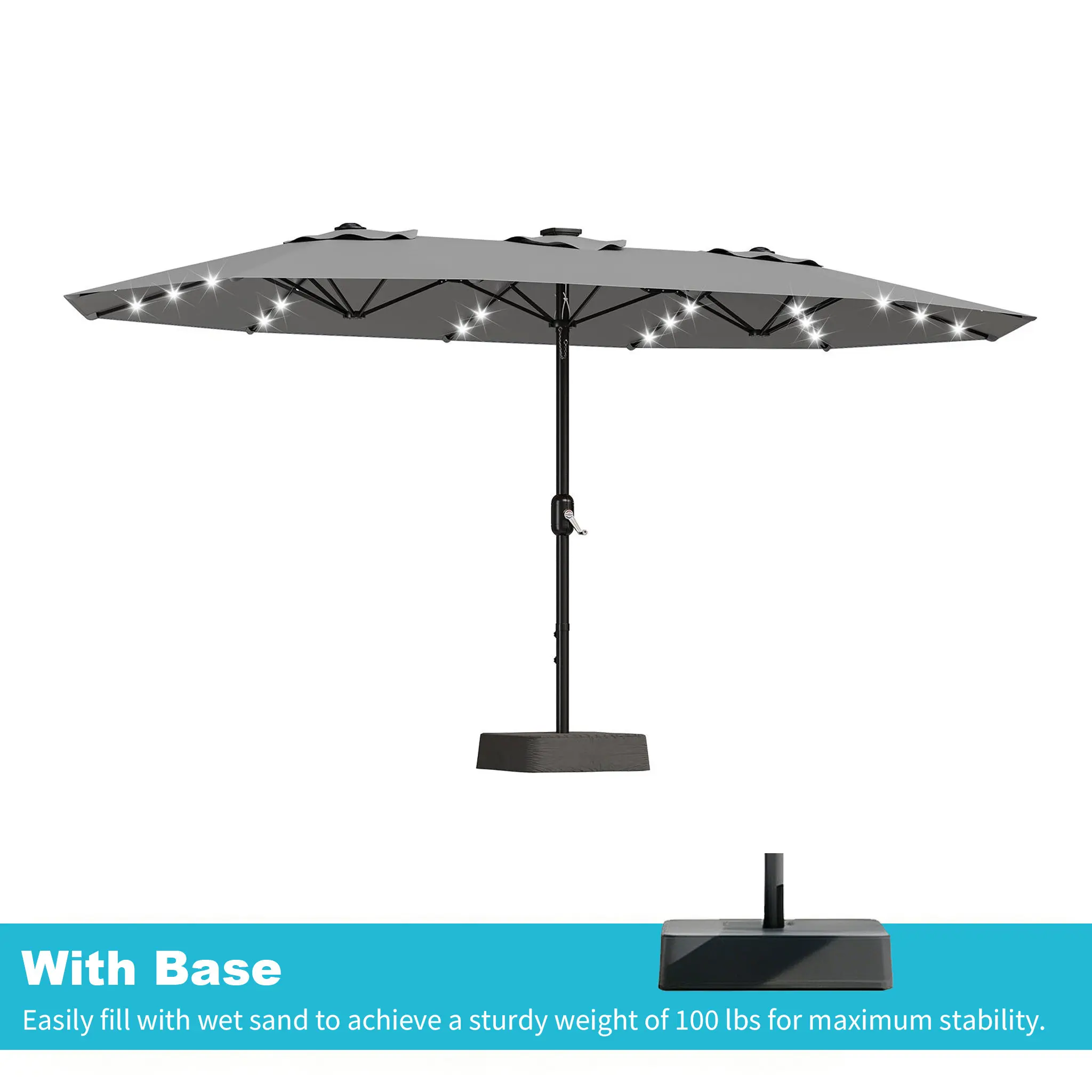 Sombrilla grande para patio al aire libre Garvee de 15ft con base – Opción de luz LED, doble cara, manivela, resistente al agua, incluye base con peso y bolsa de arena, con capacidad para 10 personas, ideal para el borde de la piscina, el jardín, el céspe