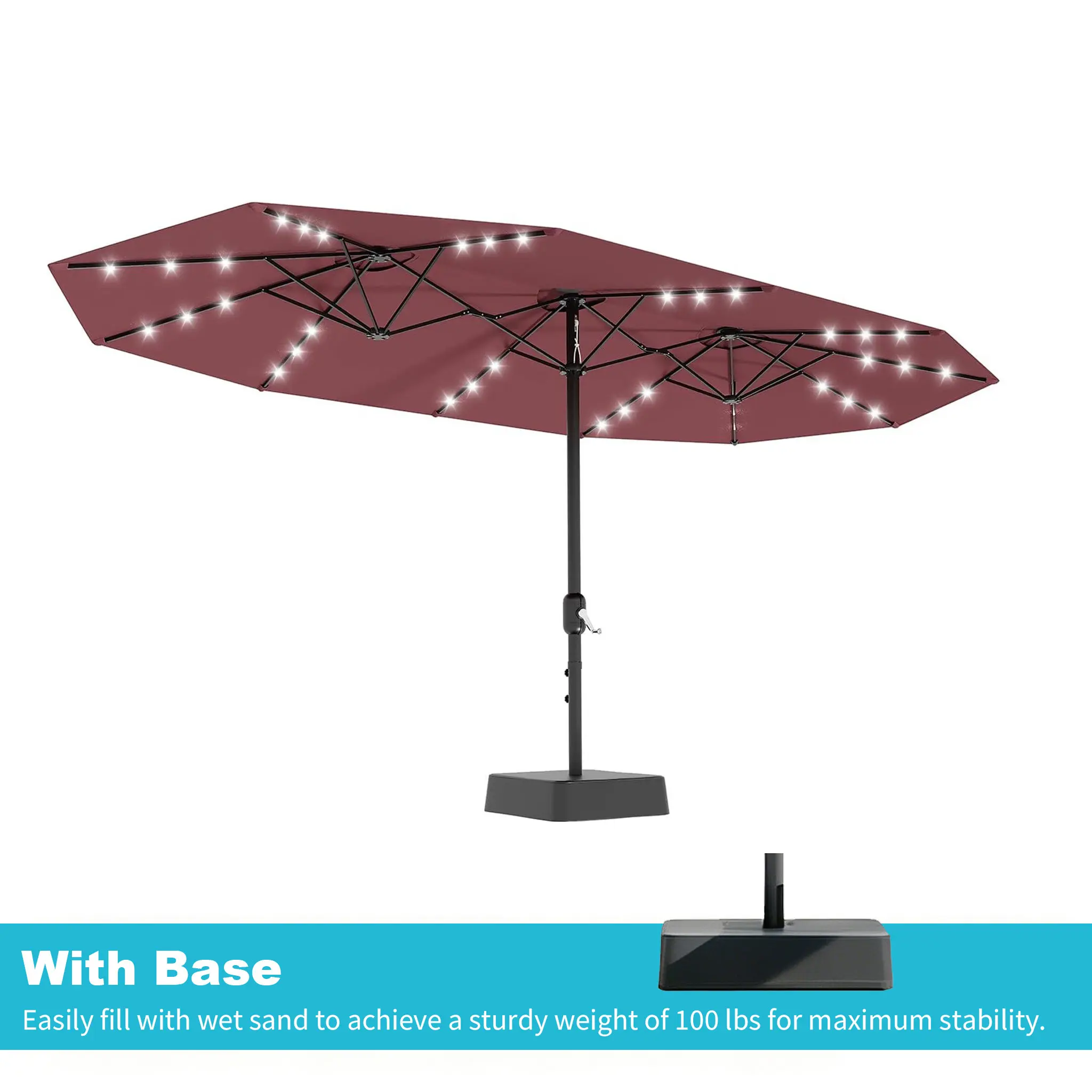 Sombrilla grande para patio al aire libre Garvee de 15ft con base – Opción de luz LED, doble cara, manivela, resistente al agua, incluye base con peso y bolsa de arena, con capacidad para 10 personas, ideal para el borde de la piscina, el jardín, el céspe