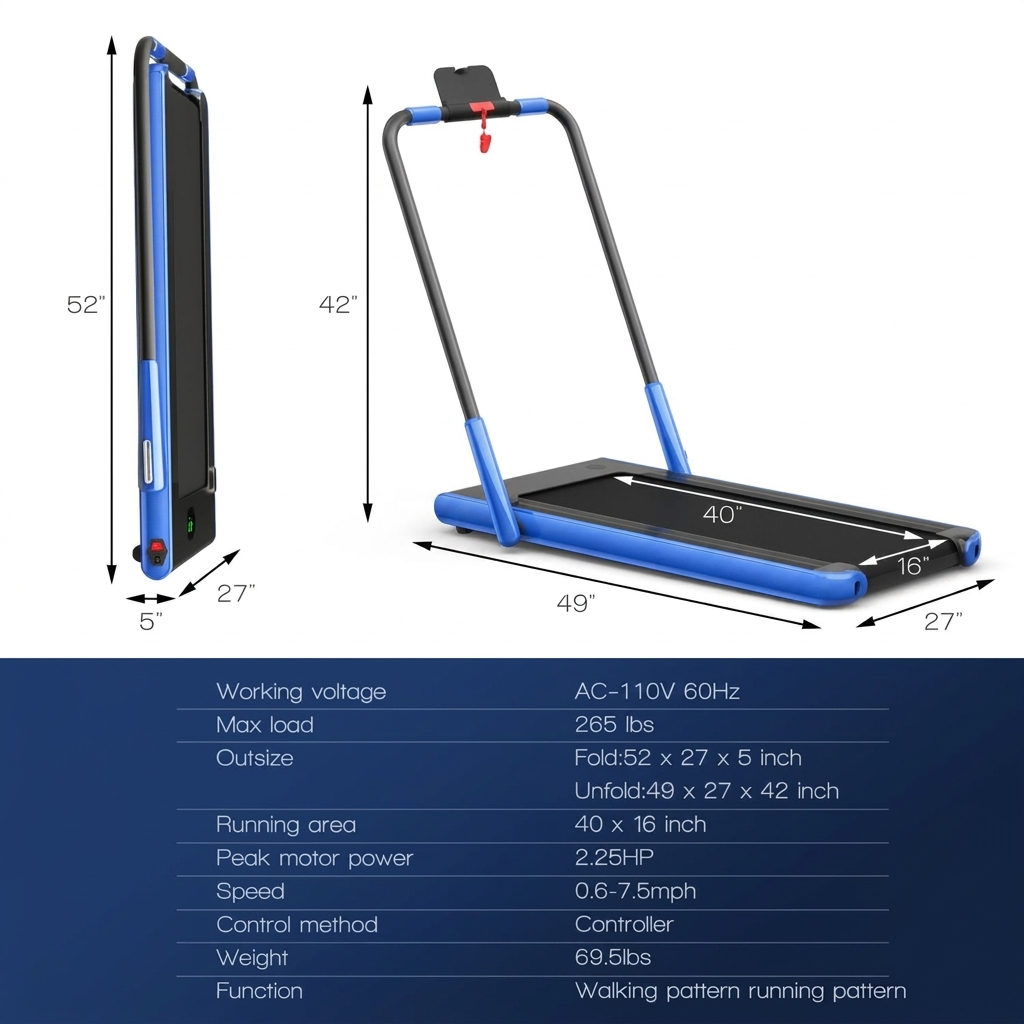 Cinta de correr 2 en 1, cinta plegable para caminar a 7,5 MPH con aplicación inteligente y mando a distancia, pantalla LED con Bluetooth, máquina de correr compacta ideal para espacios reducidos, cinta de correr plegable y portátil que cabe debajo de d