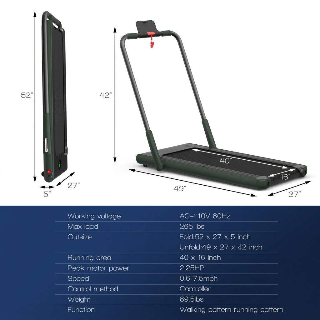 Cinta de correr 2 en 1, cinta plegable para caminar a 7,5 MPH con aplicación inteligente y mando a distancia, pantalla LED con Bluetooth, máquina de correr compacta ideal para espacios reducidos, cinta de correr plegable y portátil que cabe debajo de d