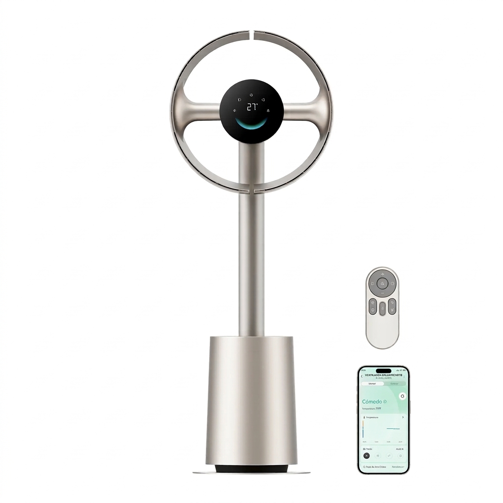 Ventilador de torre sin aspas para dormitorio, ventilador de pie inteligente con flujo de aire espacial de 270° para la circulación en toda la habitación, alta velocidad de 59 pies/s, 10 velocidades y 3 modos, flujo de aire que se adapta a la tem