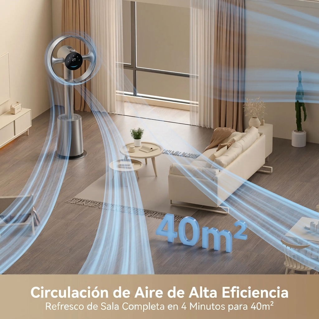 Ventilador de torre sin aspas para dormitorio, ventilador de pie inteligente con flujo de aire espacial de 270° para la circulación en toda la habitación, alta velocidad de 59 pies/s, 10 velocidades y 3 modos, flujo de aire que se adapta a la tem