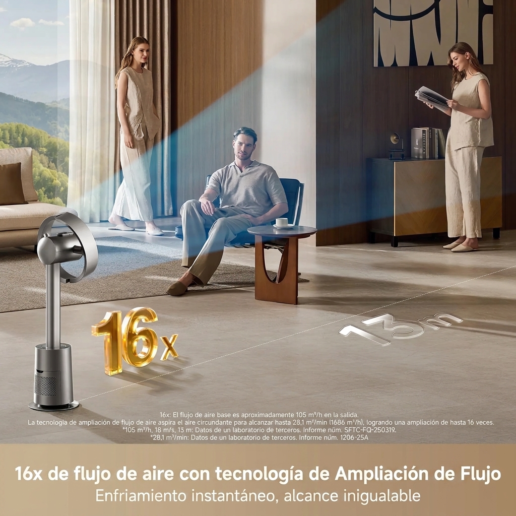 Ventilador de torre sin aspas para dormitorio, ventilador de pie inteligente con flujo de aire espacial de 270° para la circulación en toda la habitación, alta velocidad de 59 pies/s, 10 velocidades y 3 modos, flujo de aire que se adapta a la tem
