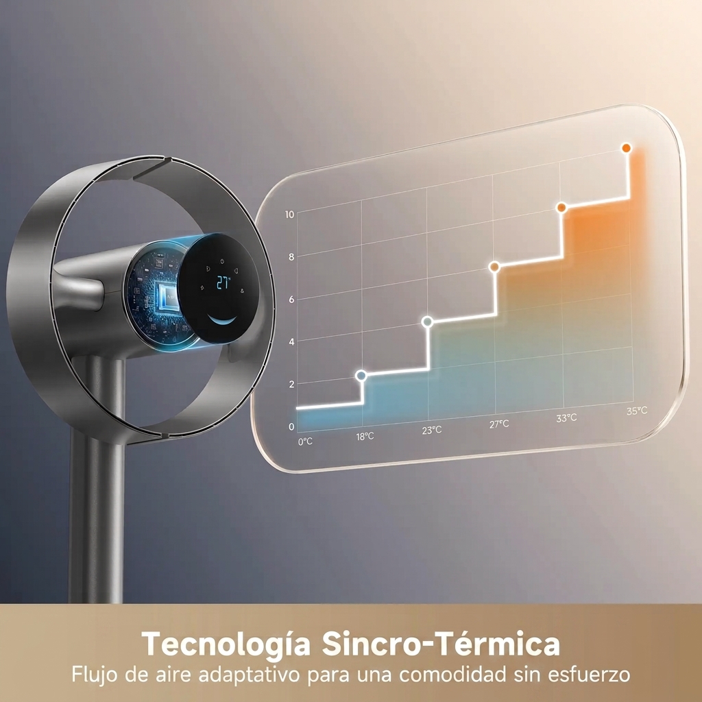 Ventilador de torre sin aspas para dormitorio, ventilador de pie inteligente con flujo de aire espacial de 270° para la circulación en toda la habitación, alta velocidad de 59 pies/s, 10 velocidades y 3 modos, flujo de aire que se adapta a la tem