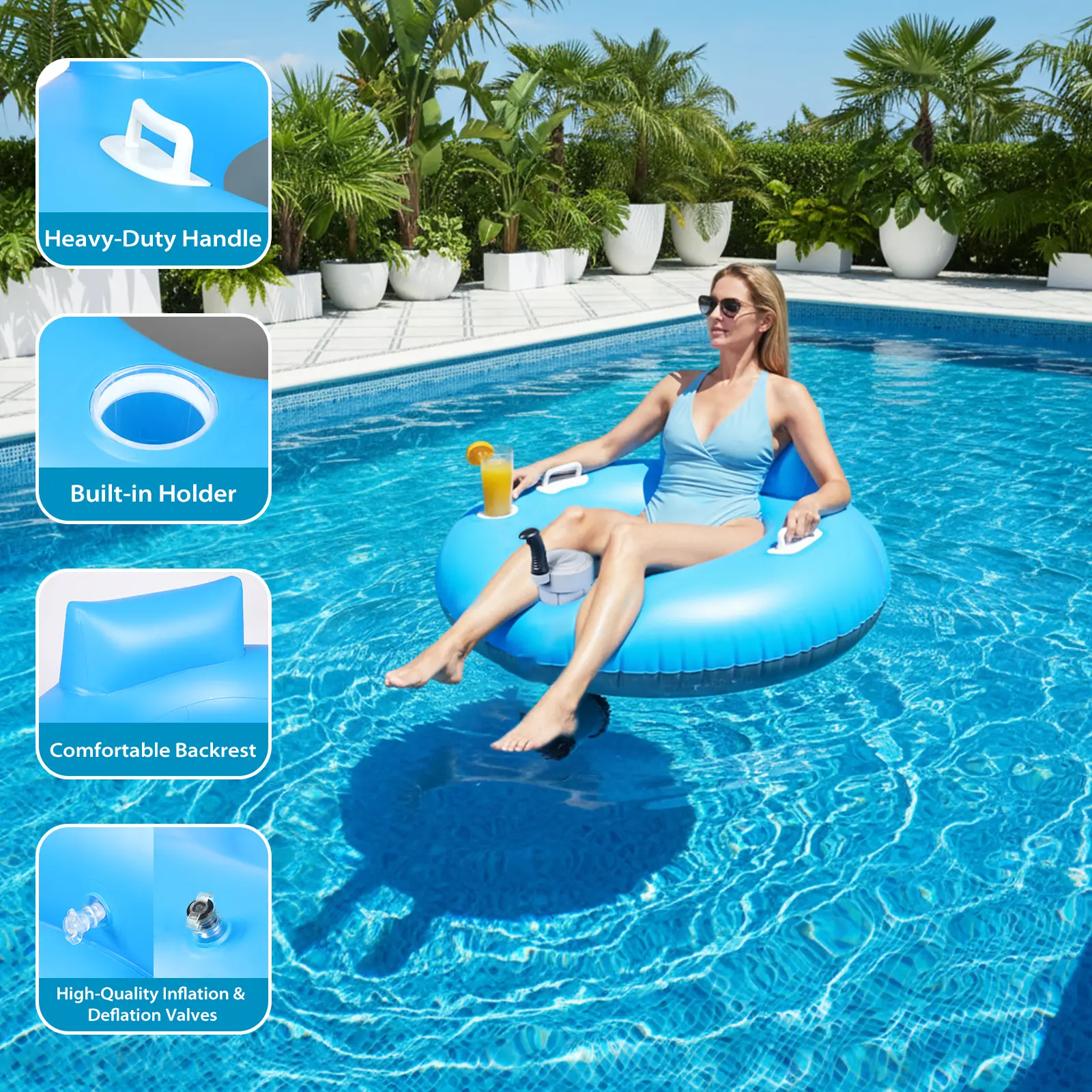 Flotador motorizado para piscina Foxlux, flotador recargable con portavasos: tumbona inflable eléctrica de alta resistencia con un solo motor para adultos y niños; ideal para piscinas, lagos y fiestas.