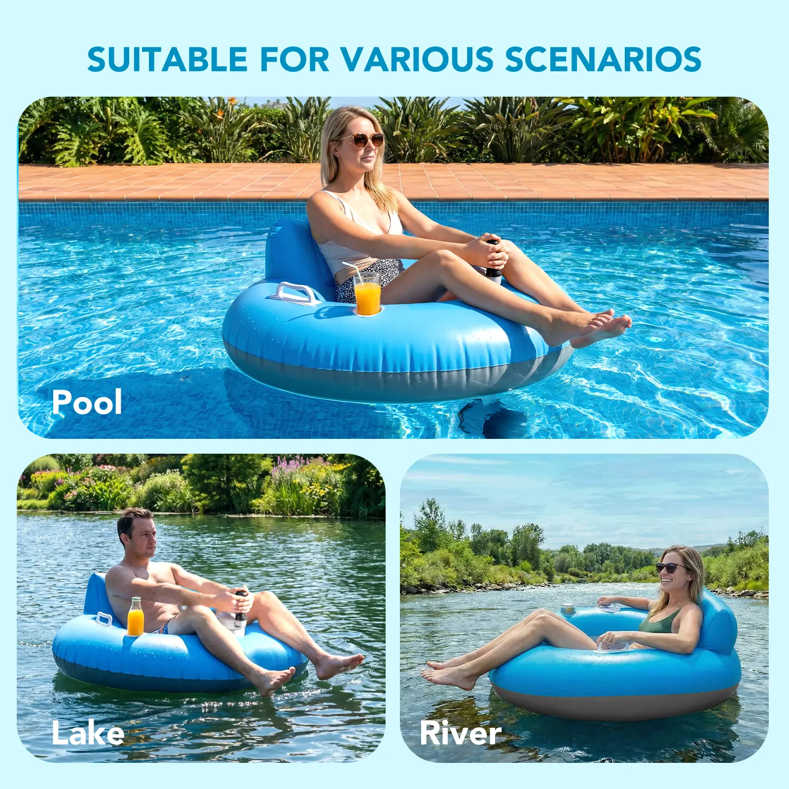 Flotador motorizado para piscina Foxlux, flotador recargable con portavasos: tumbona inflable eléctrica de alta resistencia con un solo motor para adultos y niños; ideal para piscinas, lagos y fiestas.