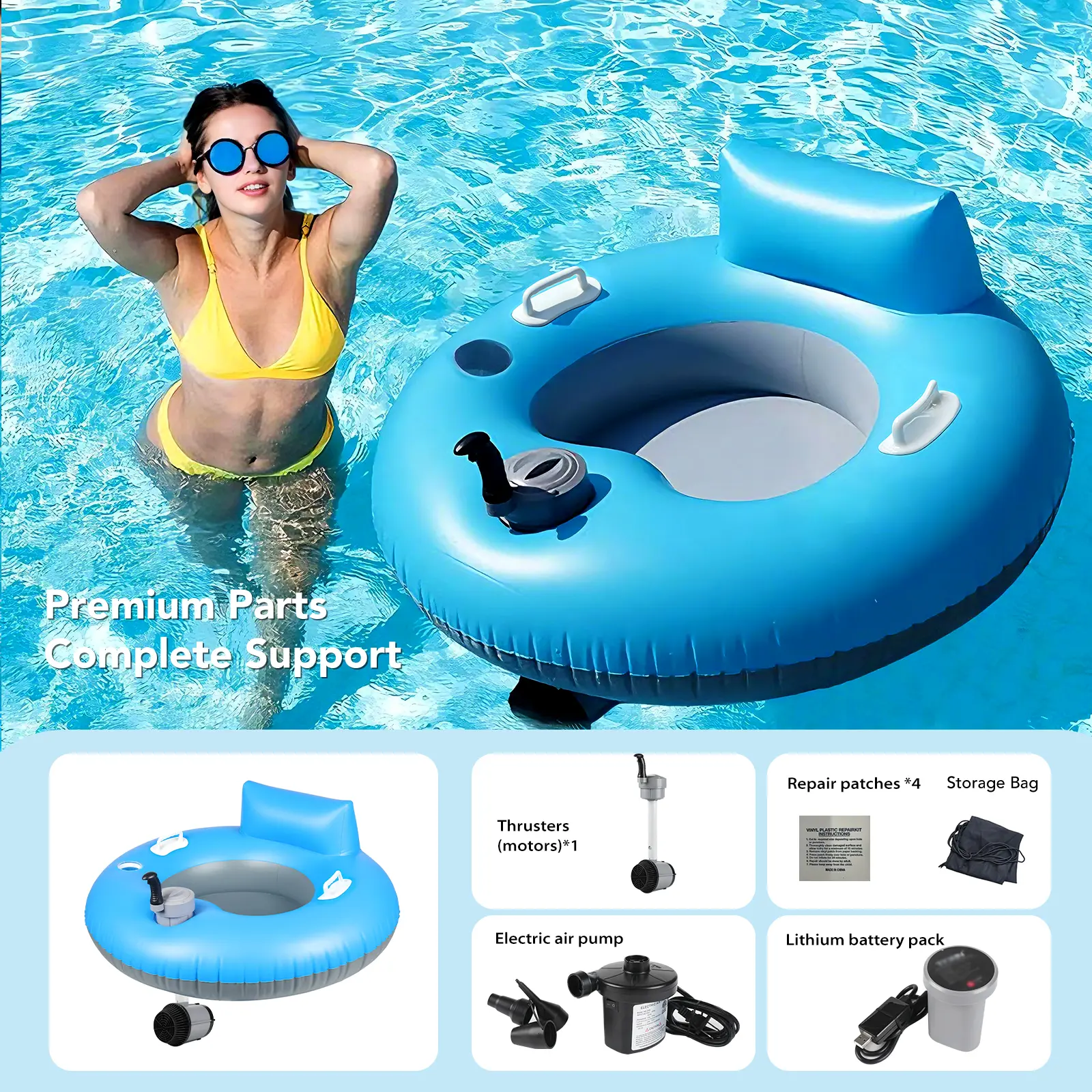 Flotador motorizado para piscina Foxlux, flotador recargable con portavasos: tumbona inflable eléctrica de alta resistencia con un solo motor para adultos y niños; ideal para piscinas, lagos y fiestas.