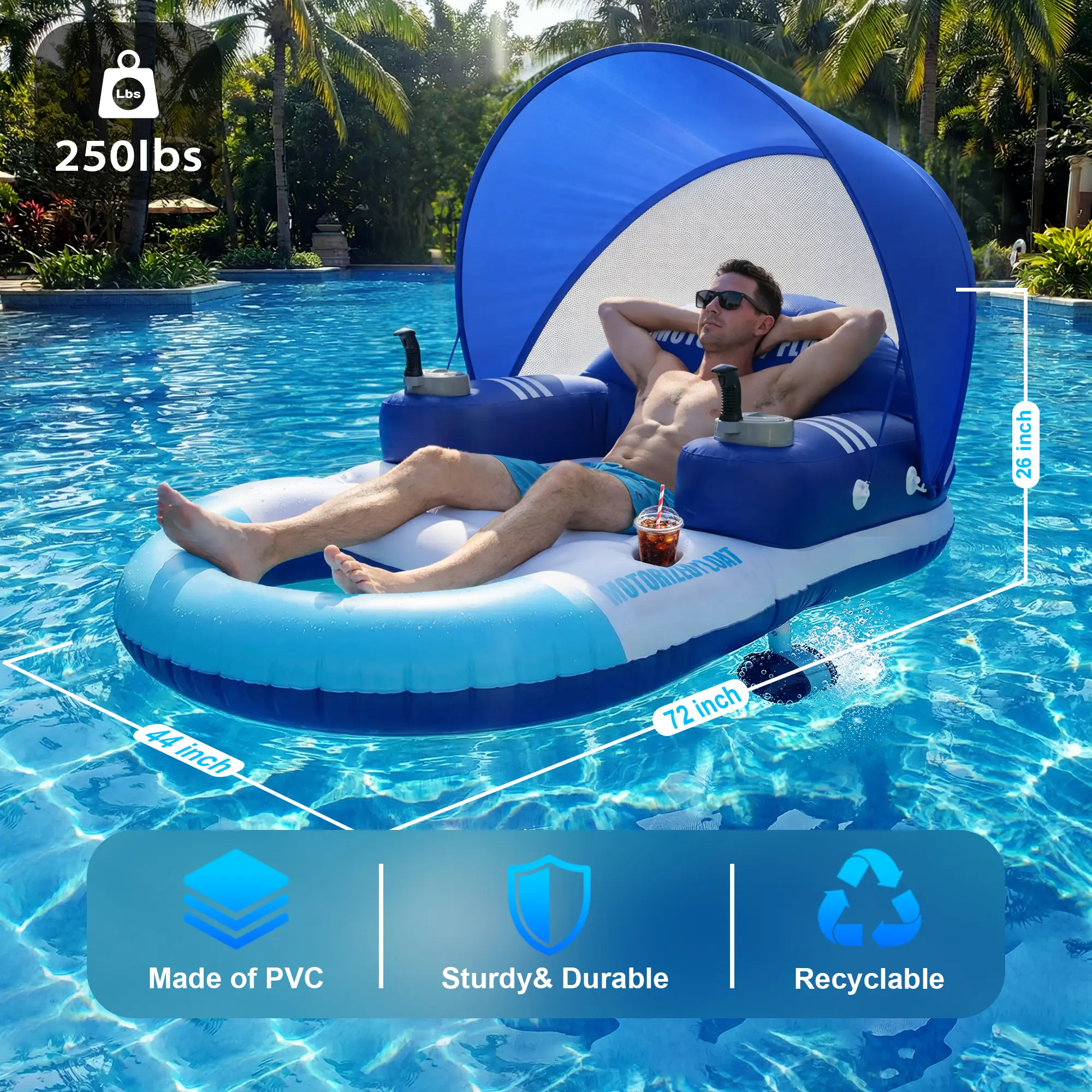 Flotador motorizado para piscina Foxlux, flotador recargable con portavasos: tumbona inflable eléctrica de alta resistencia con un solo motor para adultos y niños; ideal para piscinas, lagos y fiestas.