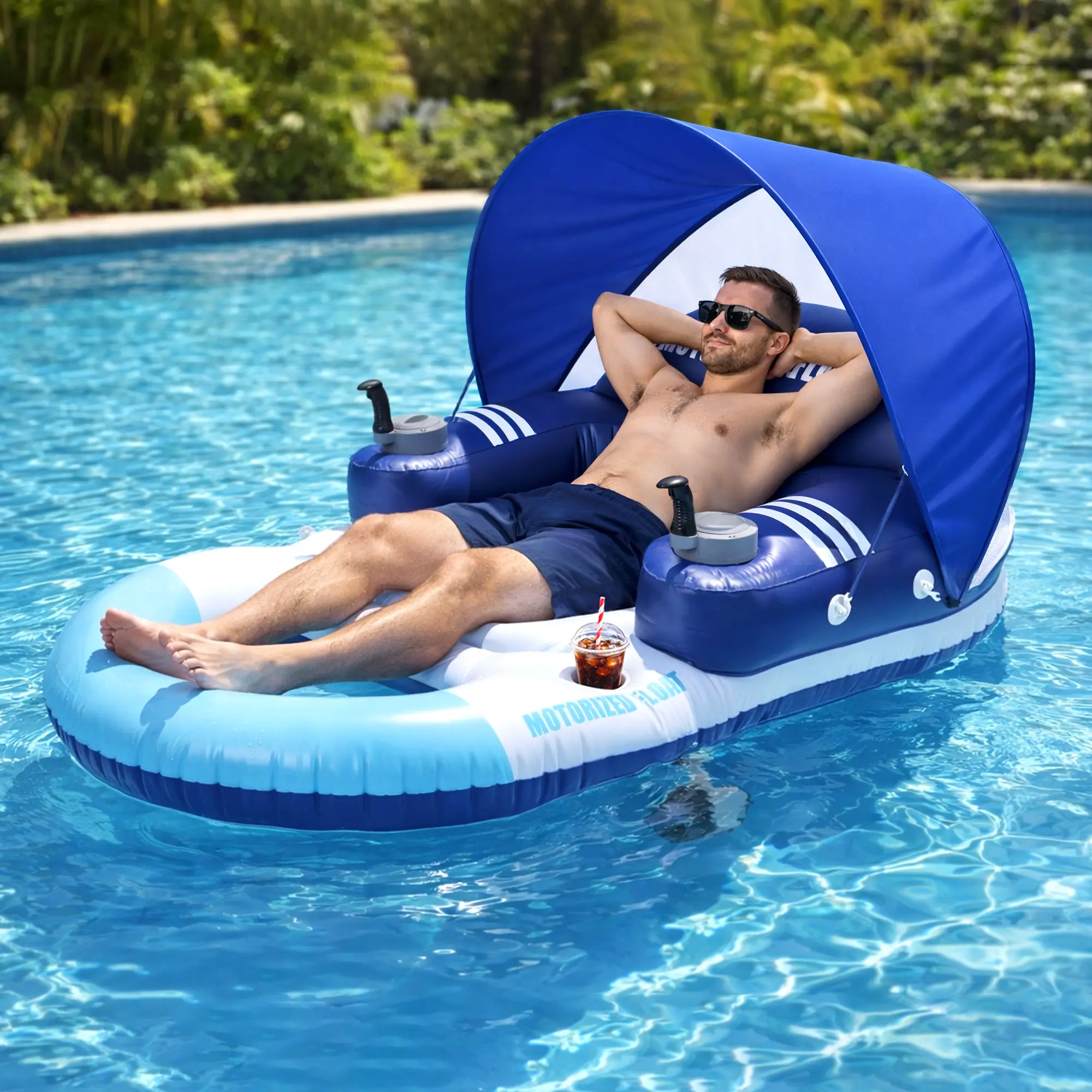 Flotador motorizado para piscina Foxlux, flotador recargable con portavasos: tumbona inflable eléctrica de alta resistencia con un solo motor para adultos y niños; ideal para piscinas, lagos y fiestas.