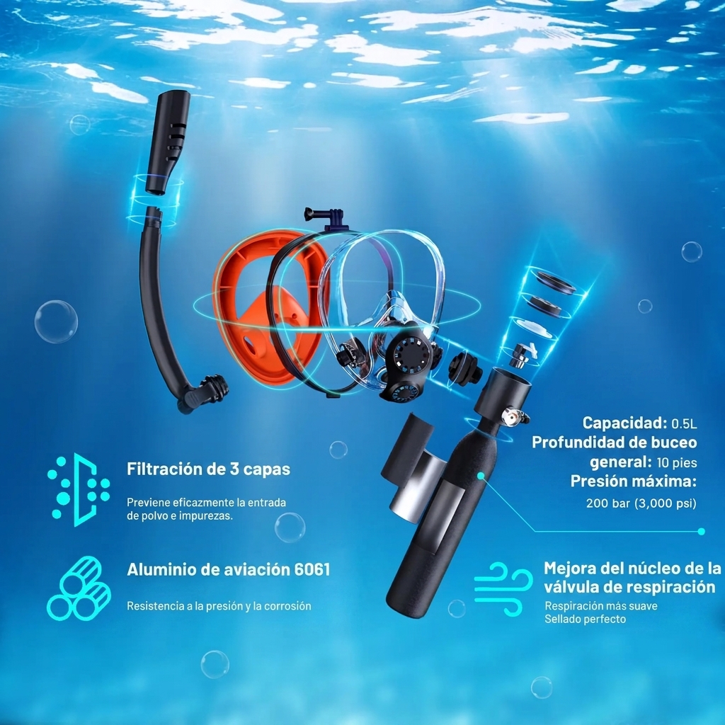 Mini tanque de buceo con máscara de esnórquel - Portátil de 0,5 L