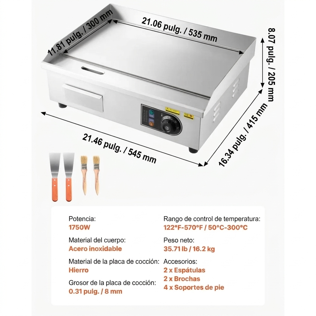 Plancha eléctrica de 21 pulgadas – Parrilla de acero inoxidable de 1750 W