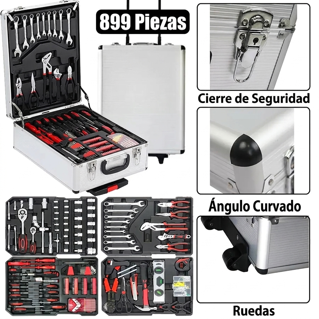 Juego de herramientas de 300 piezas con baúl de aluminio con ruedas para el hogar y el garaje