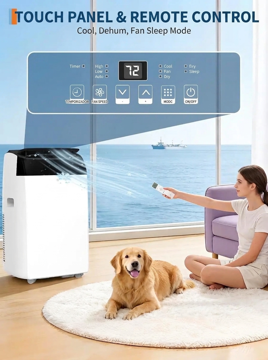 Aire acondicionado portátil de 14 000 BTU, ultrasilencioso y de bajo consumo energético.