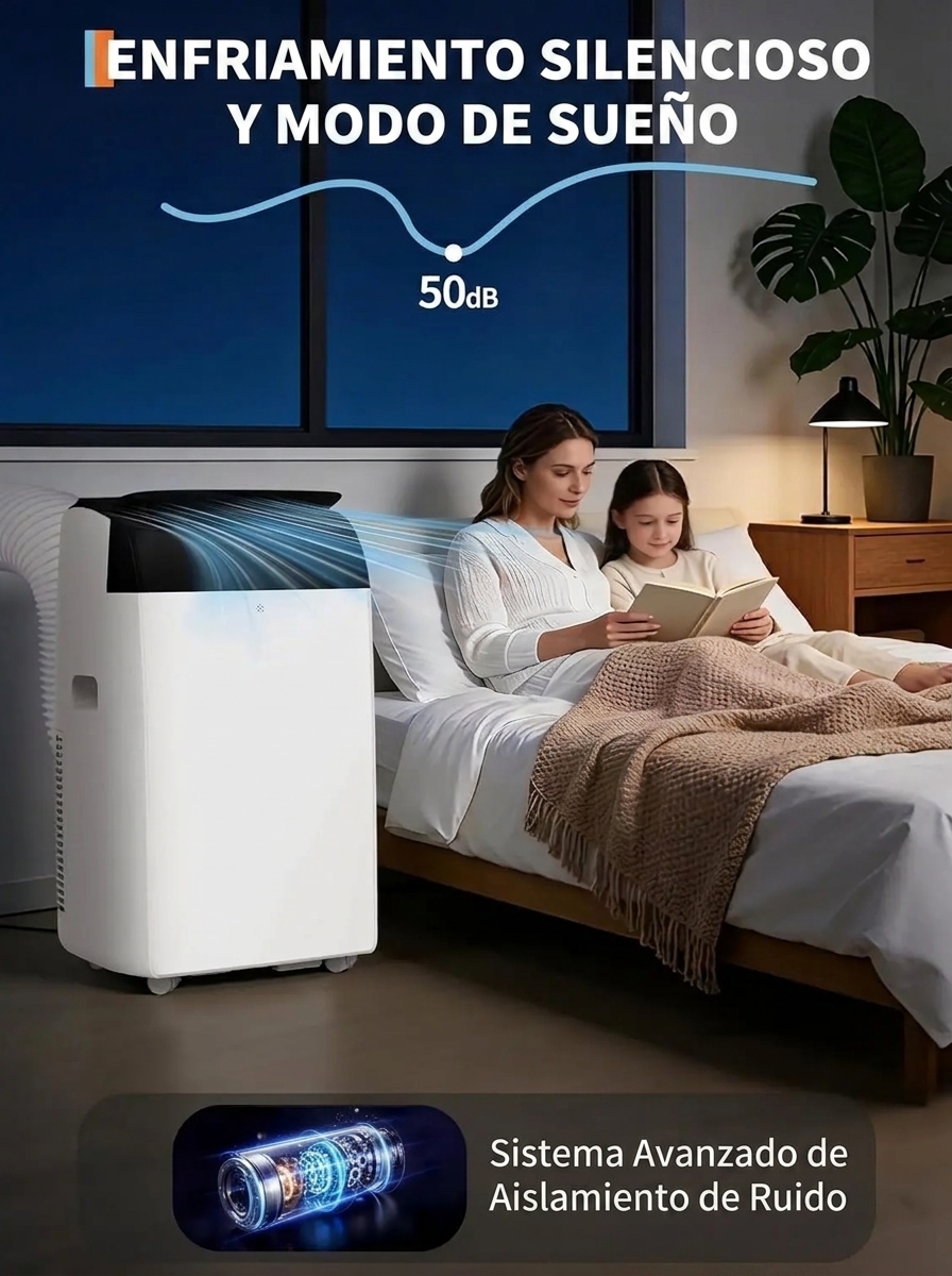 Aire acondicionado portátil de 14 000 BTU, ultrasilencioso y de bajo consumo energético.