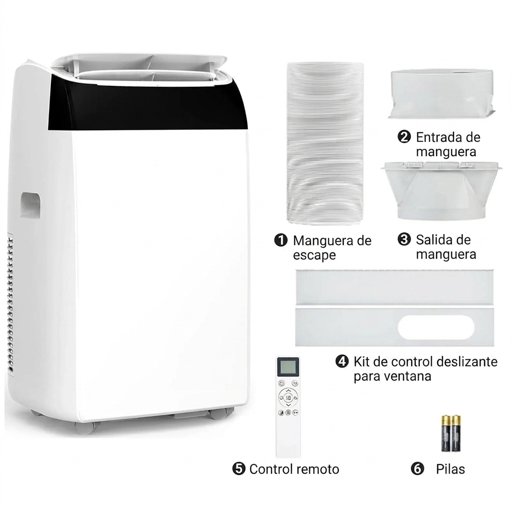 Aire acondicionado portátil de 14 000 BTU, ultrasilencioso y de bajo consumo energético.