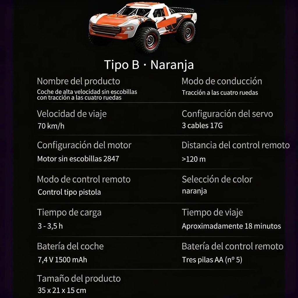Coche RC todoterreno con motor sin escobillas, tracción 4WD y alta velocidad (más de 70 km/h)