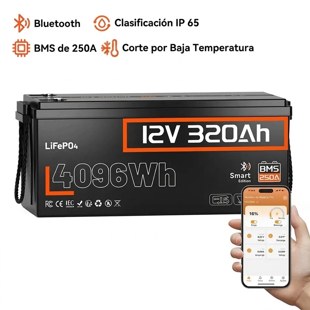 Batería LiFePO4 de 12 V y 320 Ah con Bluetooth para vehículos recreativos y aplicaciones marinas