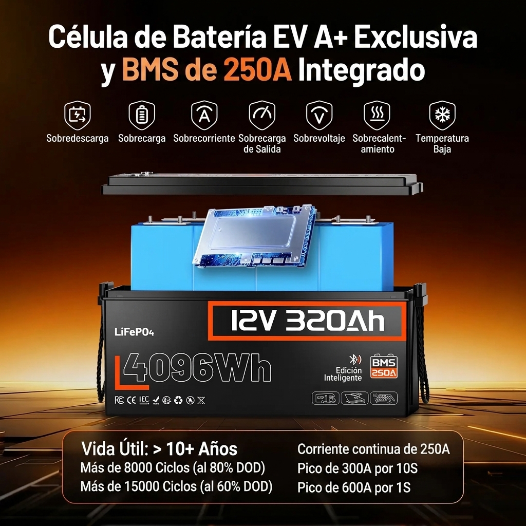 Batería LiFePO4 de 12 V y 320 Ah con Bluetooth para vehículos recreativos y aplicaciones marinas