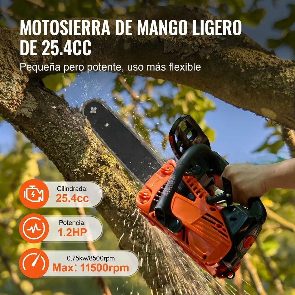 Motosierra de gasolina de 12 pulgadas, 25,4 cc y 1,2 HP: cortadora de árboles ligera
