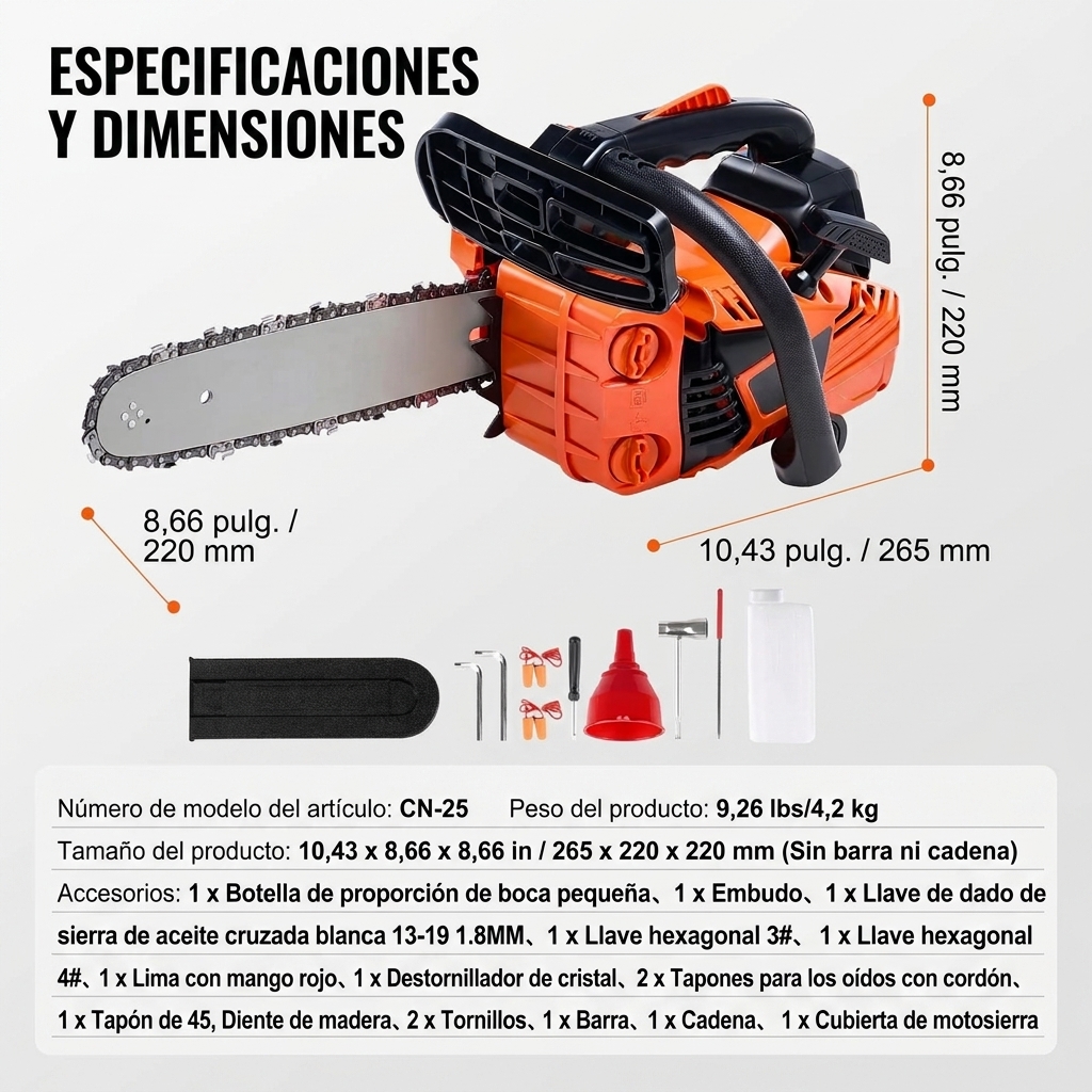 Motosierra de gasolina de 12 pulgadas, 25,4 cc y 1,2 HP: cortadora de árboles ligera