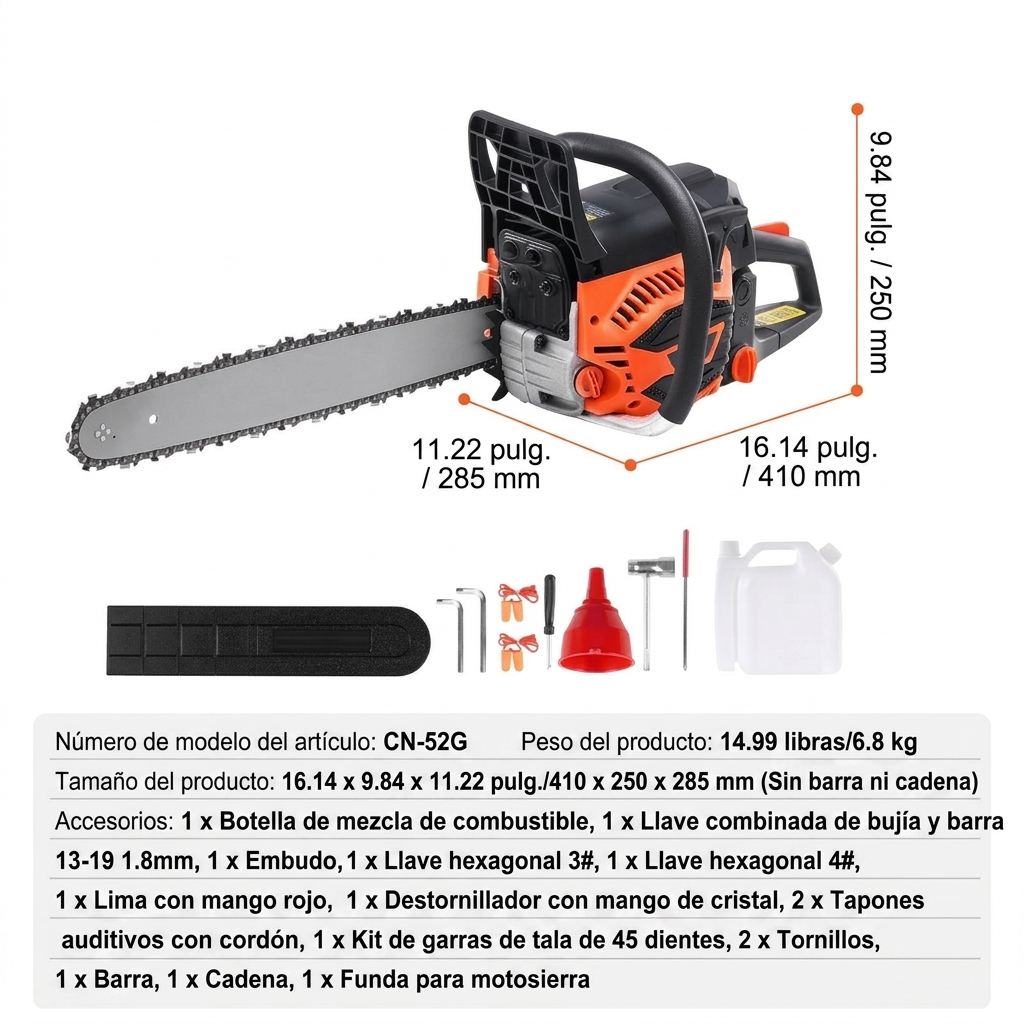 Motosierra de gasolina de 12 pulgadas, 25,4 cc y 1,2 HP: cortadora de árboles ligera