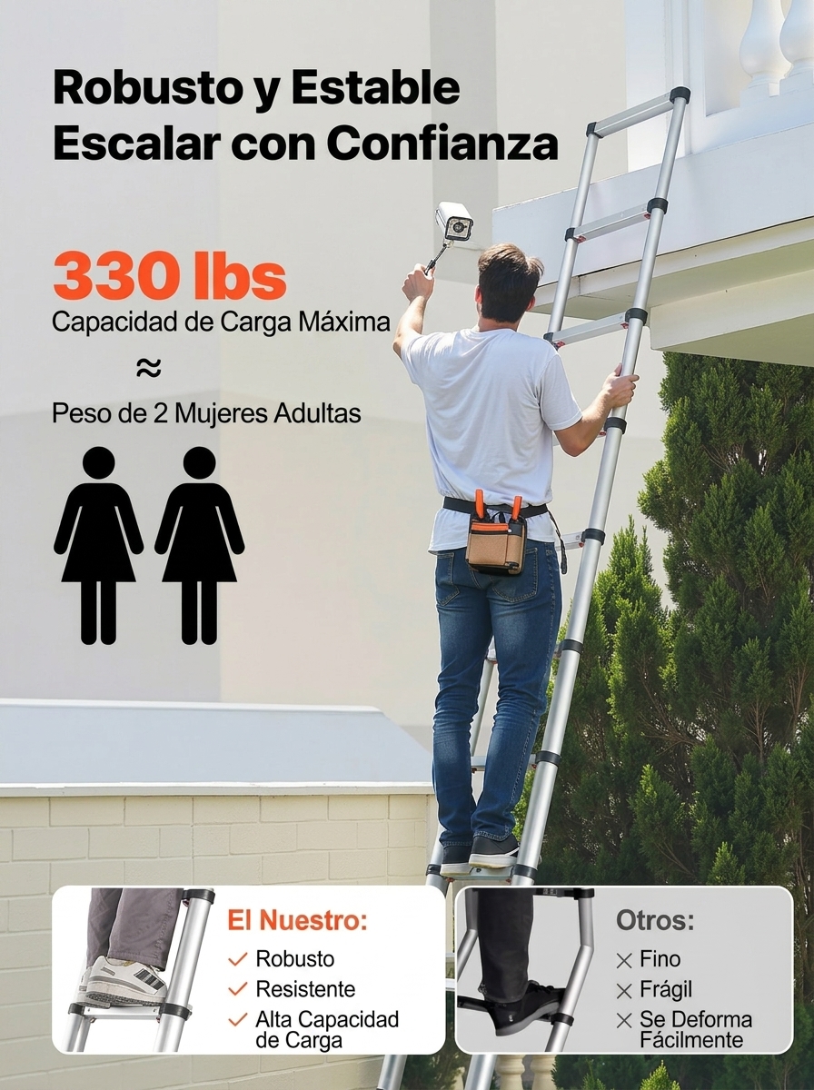 Escalera telescópica portátil: capacidad de carga de 400 lb, portátil y segura.