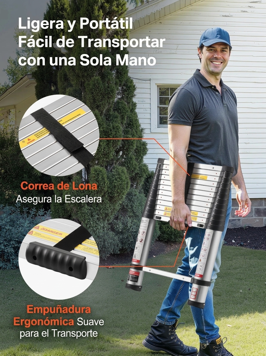 Escalera telescópica portátil: capacidad de carga de 400 lb, portátil y segura.