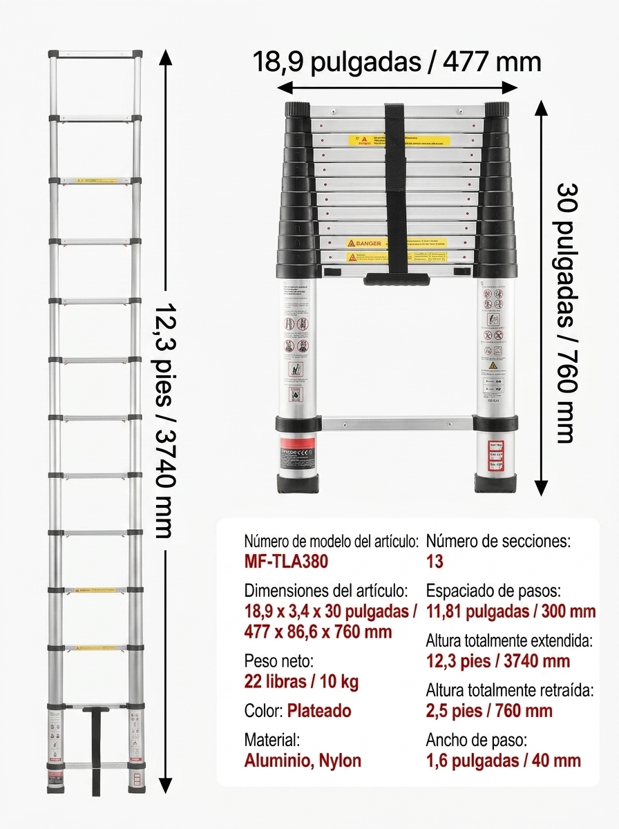 Escalera telescópica portátil: capacidad de carga de 400 lb, portátil y segura.